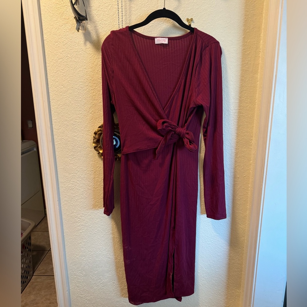 Pink Lily Burgundy Wrap Ribbed Long Sleeve Dress